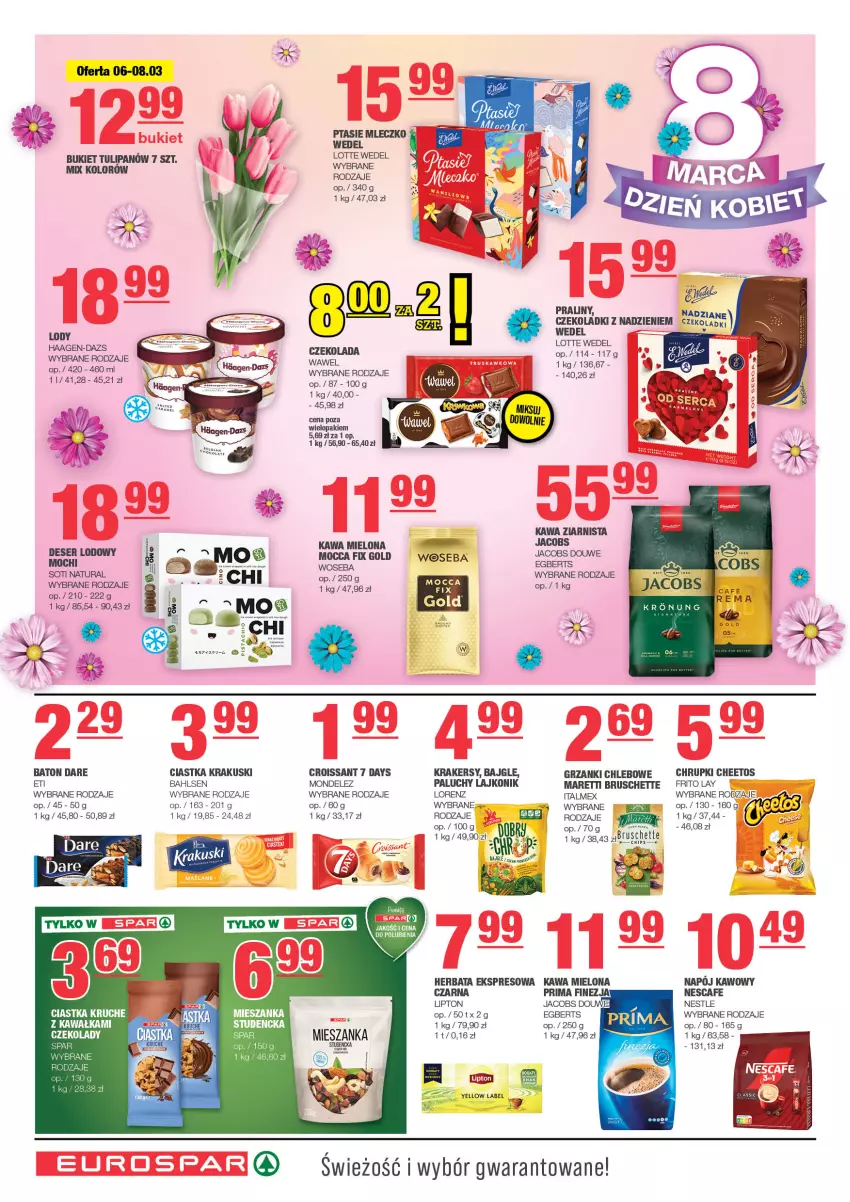 Gazetka promocyjna Spar - EuroSpar - ważna 23.02 do 05.03.2025 - strona 6 - produkty: 7 Days, Bajgle, Baton, Bruschette, Bukiet, Cheetos, Chleb, Chrupki, Ciastka, Croissant, Czekolada, Deser, Herbata, Jacobs, Kawa, Kawa mielona, Kawa ziarnista, Krakersy, Krakus, Krakuski, Lajkonik, Lipton, Lody, Lorenz, Mleczko, Mocca Fix Gold, Napój, Praliny, Prima, Ptasie mleczko, Ser, Tulipan, Wawel, Woda, Woseba