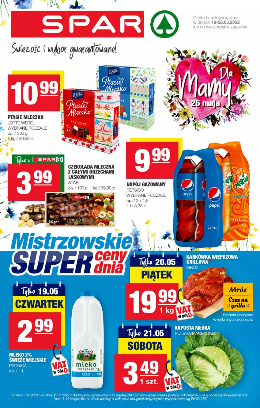 Gazetka promocyjna Spar - Spar - ważna 15.05 do 25.05.2022 - strona 1 - produkty: Czekolada, Czekolada mleczna, Fa, Karkówka wieprzowa, Mleczko, Mleko, Napój, Napój gazowany, Pepsi, Ptasie mleczko, Sok, Sos