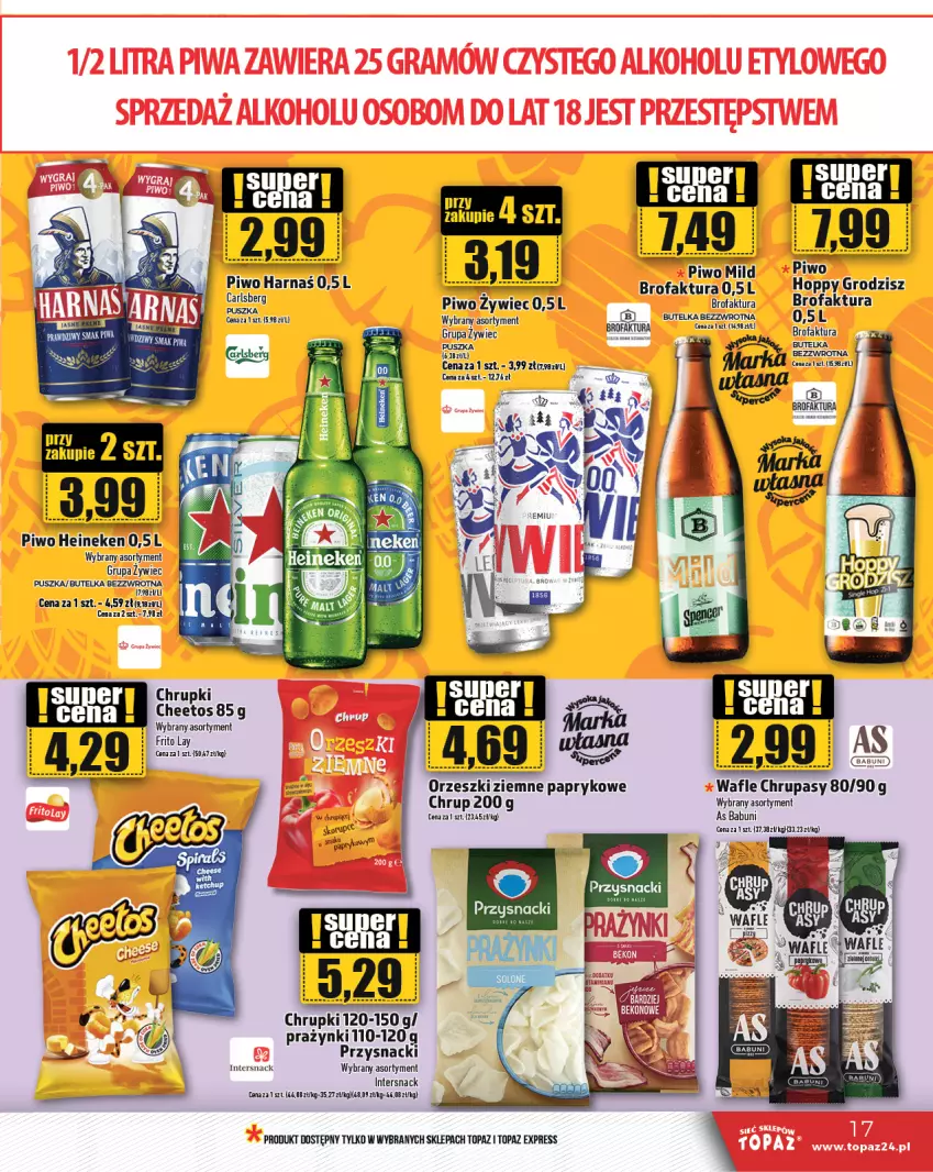 Gazetka promocyjna Topaz - Gazetka - ważna 04.04 do 10.04.2024 - strona 17 - produkty: Babuni, Carlsberg, Cheetos, Chrupki, Fa, Harnaś, Heineken, Orzeszki, Orzeszki ziemne, Piwo, Przysnacki, Top, Wafle