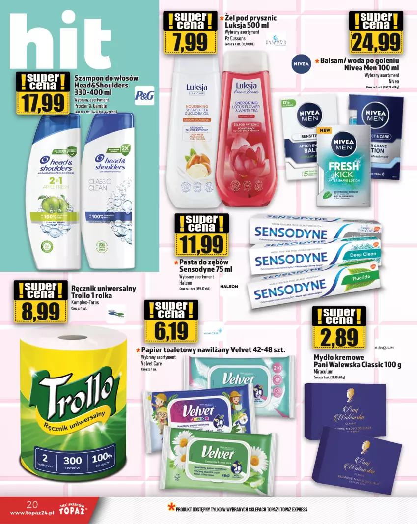 Gazetka promocyjna Topaz - Gazetka - ważna 04.04 do 10.04.2024 - strona 20 - produkty: Leon, Luksja, Mydło, Nivea, Nivea Men, Papier, Papier toaletowy, Pasta do zębów, Ręcznik, Sensodyne, Szampon, Top, Velvet, Woda, Woda po goleniu