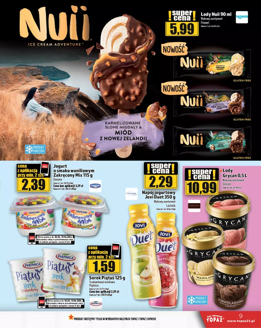 Gazetka promocyjna Topaz - Gazetka - ważna 04.04 do 10.04.2024 - strona 9 - produkty: Jogurt, Kosz, Lody, Mango, Migdały, Miód, Napój, Napój jogurtowy, Piątnica, Ser, Serek, Top