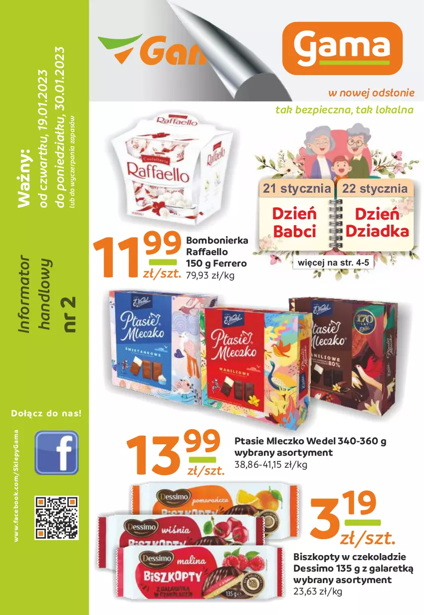 Gazetka promocyjna Gama - Gazetka Gama - ważna 30.01.2023 do 19.01.2024 - strona 1 - produkty: Biszkopty, Fa, Ferrero, Gala, Mleczko, O nas, Piec, Ptasie mleczko, Raffaello