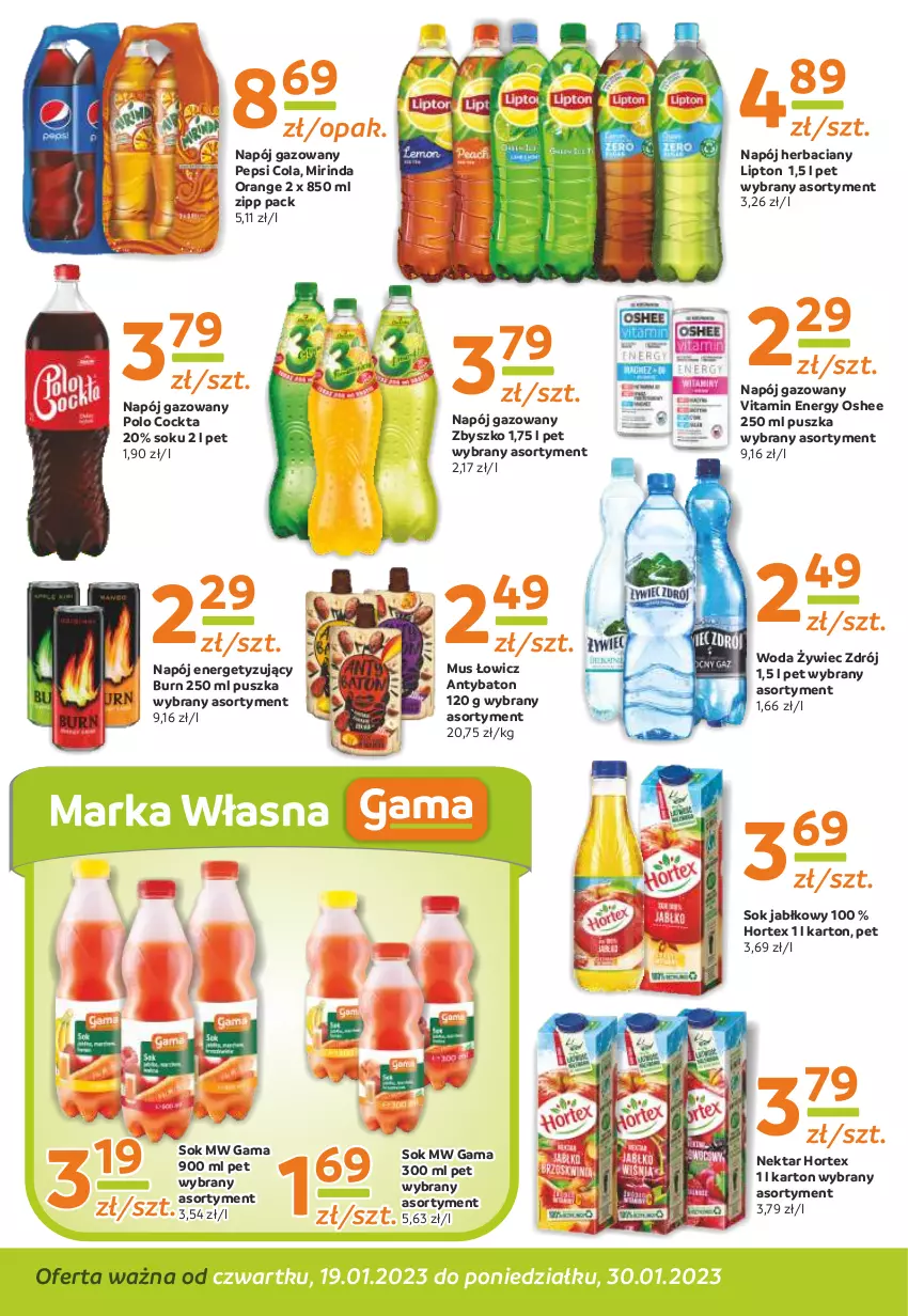 Gazetka promocyjna Gama - Gazetka Gama - ważna 30.01.2023 do 19.01.2024 - strona 10 - produkty: Baton, Hortex, Lipton, Mirinda, Mus, Napój, Napój gazowany, Nektar, Oshee, Pepsi, Sok, Sok jabłkowy, Woda