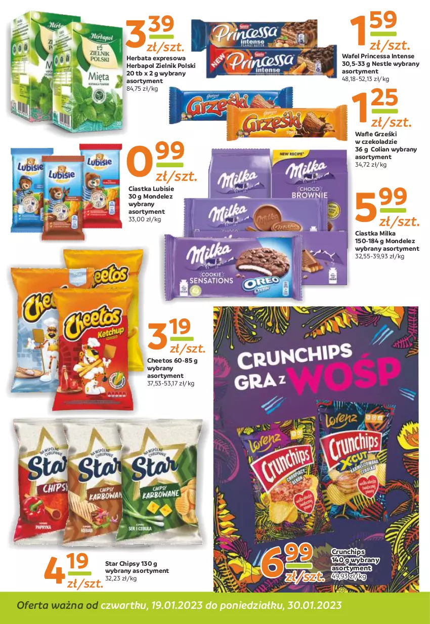 Gazetka promocyjna Gama - Gazetka Gama - ważna 30.01.2023 do 19.01.2024 - strona 6 - produkty: Cheetos, Chipsy, Ciastka, Crunchips, Grześki, Herbapol, Herbata, Lubisie, Milka, Princessa