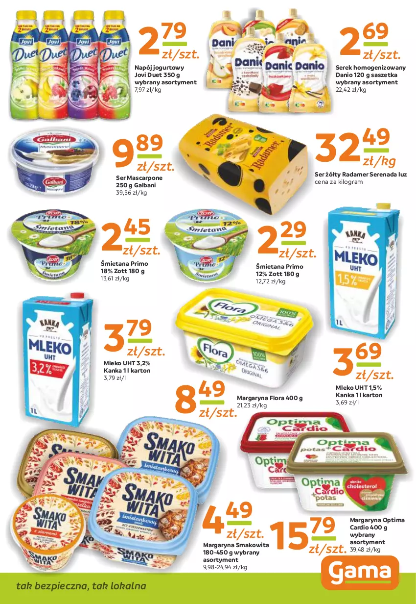 Gazetka promocyjna Gama - Gazetka Gama - ważna 30.01.2023 do 19.01.2024 - strona 7 - produkty: Danio, Flora, Galbani, Gra, Jogurt, Margaryna, Mascarpone, Mleko, Napój, Napój jogurtowy, Optima, Optima Cardio, Piec, Radamer, Ser, Serek, Serek homogenizowany, Smakowita, Zott