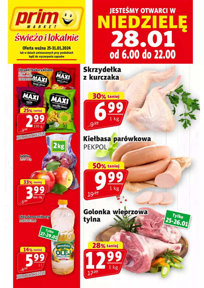 Gazetka promocyjna Prim Market - ważna 25.01 do 31.01.2024 - strona 1 - produkty: Chrupki, Dell, Golonka wieprzowa, Jabłka, K2, Kiełbasa, Kurczak, Olej