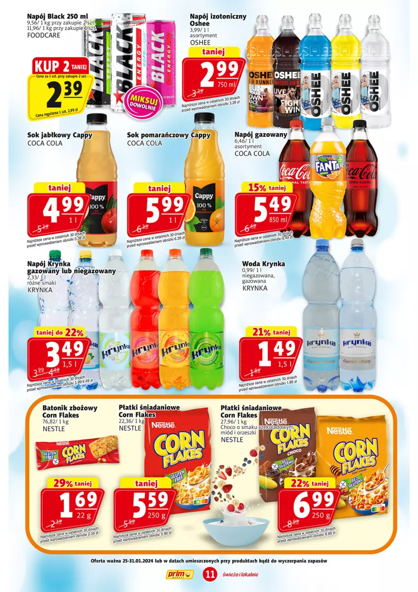 Gazetka promocyjna Prim Market - ważna 25.01 do 31.01.2024 - strona 11 - produkty: Baton, Cappy, Corn flakes, Danio, Lack, Miód, Napój, Napój gazowany, Napój izotoniczny, Orzeszki, Oshee, Sok, Sok jabłkowy, Sok pomarańczowy, Tonik, Woda