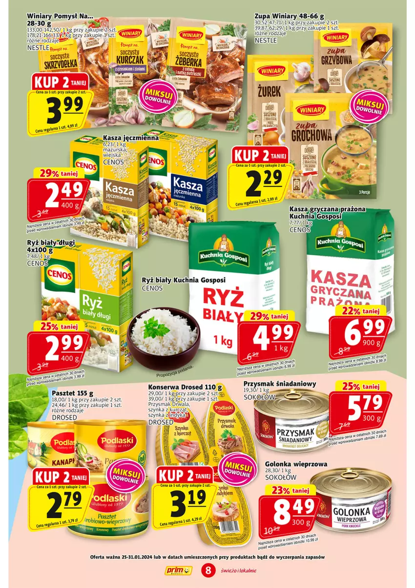 Gazetka promocyjna Prim Market - ważna 25.01 do 31.01.2024 - strona 8 - produkty: Cenos, Danio, Golonka wieprzowa, Groch, Gry, Kasza, Kasza jęczmienna, Kuchnia, Pasztet, Por, Ryż, Ryż biały, Ser, Sok, Sokołów, Szynka, Winiary, Zupa