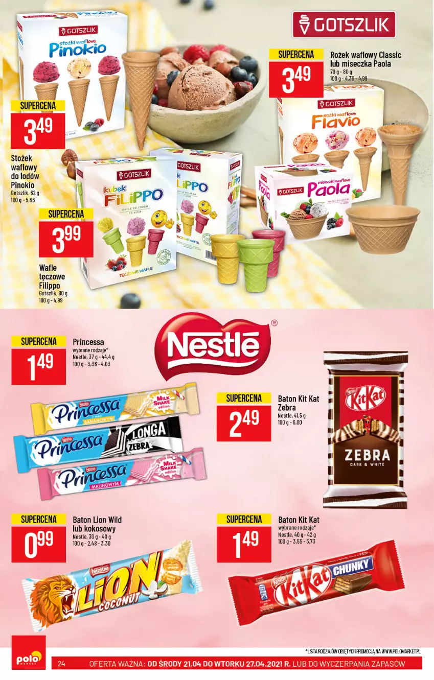 Gazetka promocyjna PoloMarket - Gazetka promocyjna - ważna 21.04 do 27.04.2021 - strona 24 - produkty: Baton, Kit Kat, Kokos, Lion, Miseczka, Paola, Princessa, Wafle