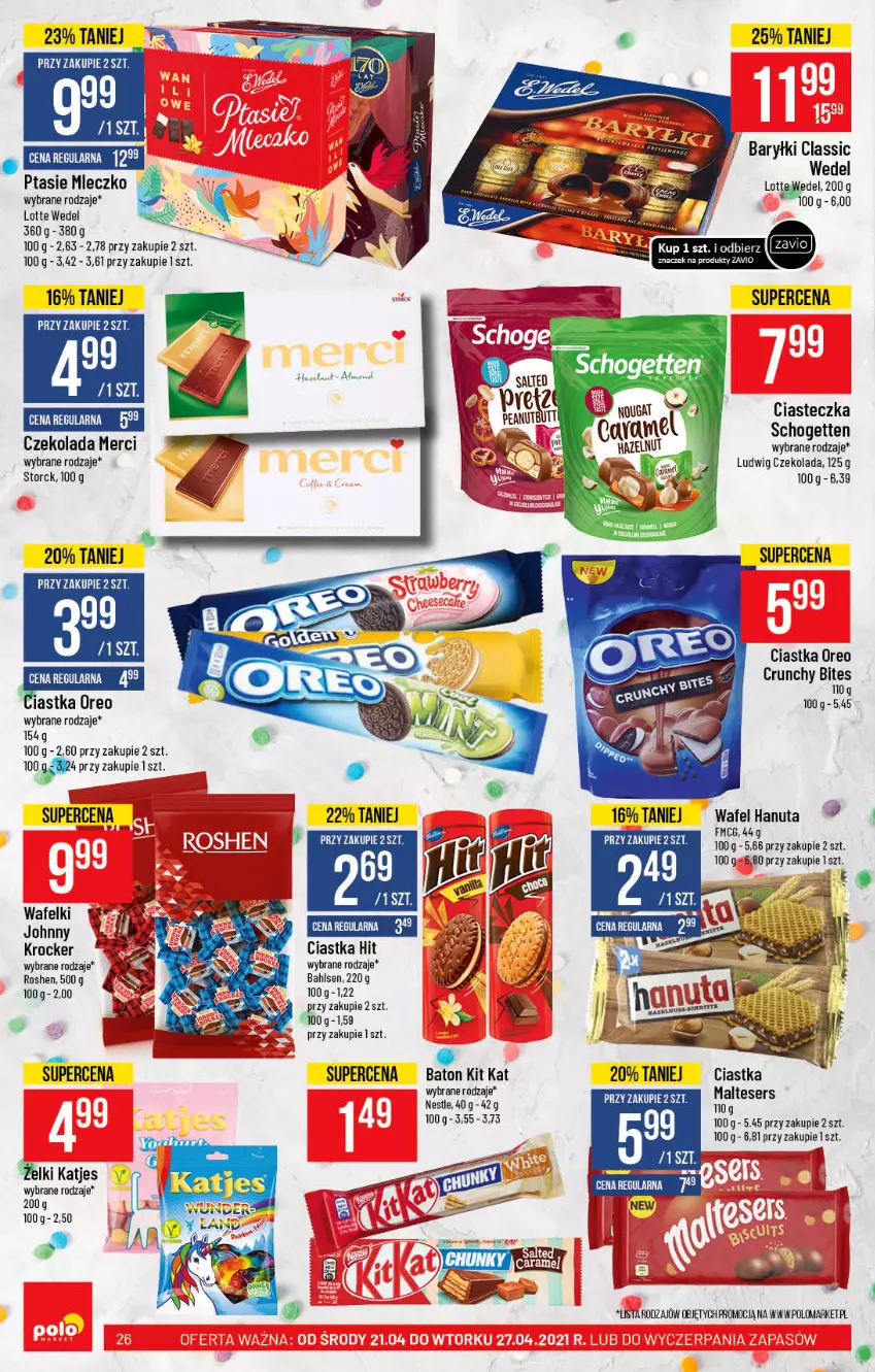 Gazetka promocyjna PoloMarket - Gazetka promocyjna - ważna 21.04 do 27.04.2021 - strona 26 - produkty: Baryłki, Baton, Ciastka, Czekolada, Fa, Kit Kat, Merci, Mleczko, Oreo, Ptasie mleczko, Schogetten, Ser