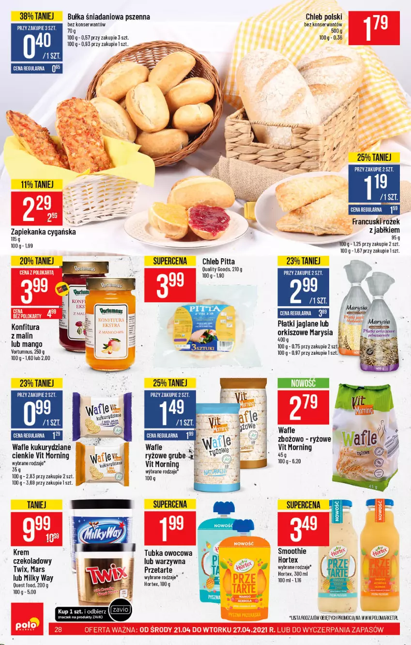 Gazetka promocyjna PoloMarket - Gazetka promocyjna - ważna 21.04 do 27.04.2021 - strona 28 - produkty: Bułka, Chleb, Danio, Hortex, Konfitura, Mango, Mars, Milky Way, Ryż, Ser, Smoothie, Twix, Wafle, Zapiekanka