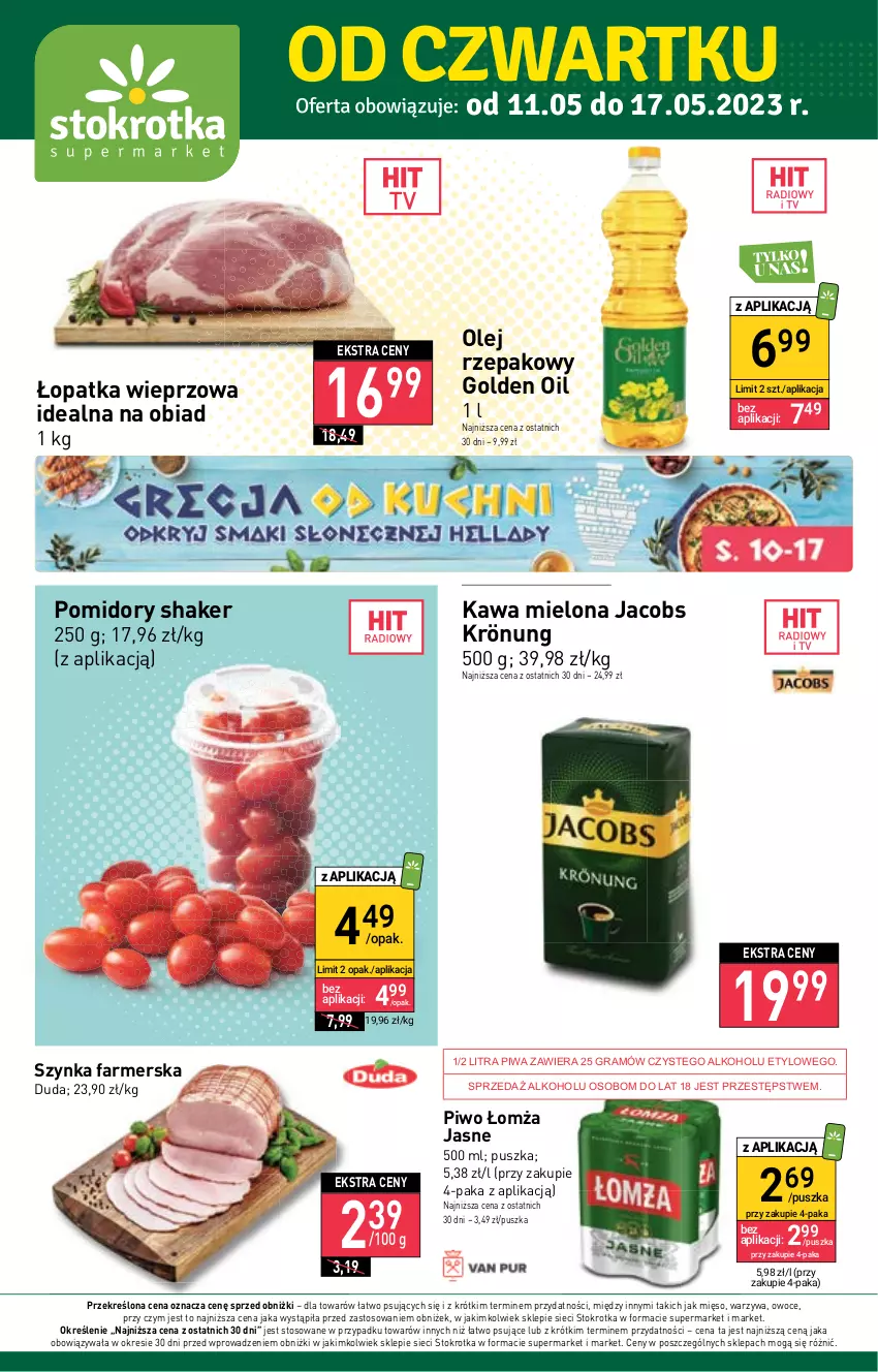 Gazetka promocyjna Stokrotka - Supermarket - ważna 11.05 do 17.05.2023 - strona 1 - produkty: Duda, Fa, Gra, Jacobs, Jacobs Krönung, Kawa, Kawa mielona, Mięso, Olej, Olej rzepakowy, Owoce, Piwa, Piwo, Pomidory, Szynka, Szynka farmerska, Warzywa