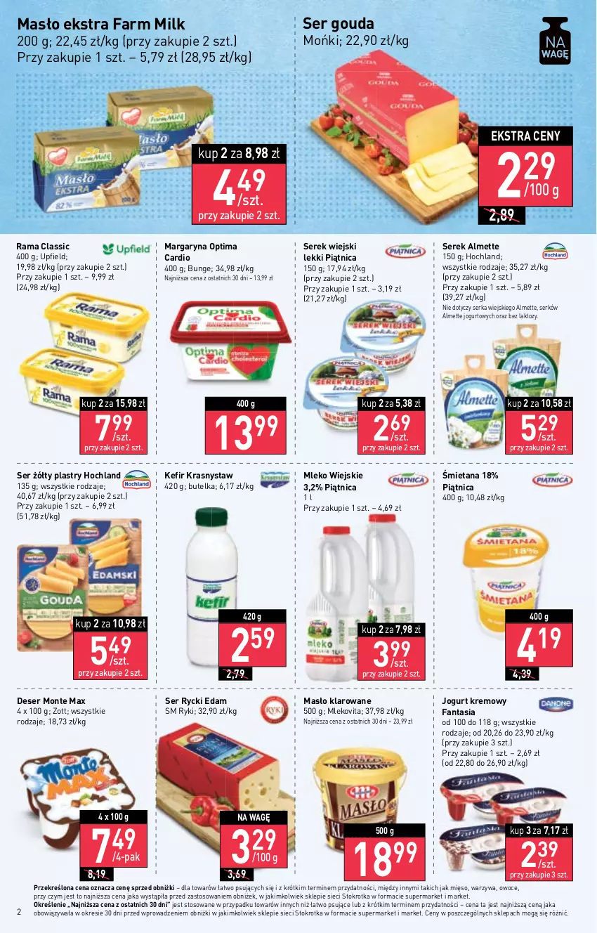 Gazetka promocyjna Stokrotka - Supermarket - ważna 11.05 do 17.05.2023 - strona 2 - produkty: Almette, Deser, Edam, Fa, Fanta, Farm Milk, Gouda, Hochland, Jogurt, Kefir, Margaryna, Masło, Masło klarowane, Mięso, Mleko, Mlekovita, Monte, Optima, Optima Cardio, Owoce, Piątnica, Rama, Rycki Edam, Ser, Serek, Serek wiejski, Warzywa, Zott