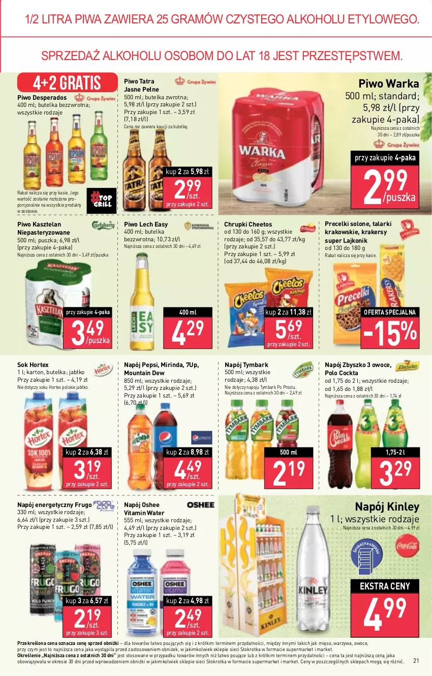 Gazetka promocyjna Stokrotka - Supermarket - ważna 11.05 do 17.05.2023 - strona 21 - produkty: 7up, Cheetos, Chrupki, Desperados, Gra, Hortex, Kasztelan, Krakersy, Lajkonik, Mięso, Mirinda, Napój, Napój energetyczny, Oshee, Owoce, Pepsi, Piwa, Piwo, Por, Precelki, Sok, Tatra, Tymbark, Warka, Warzywa