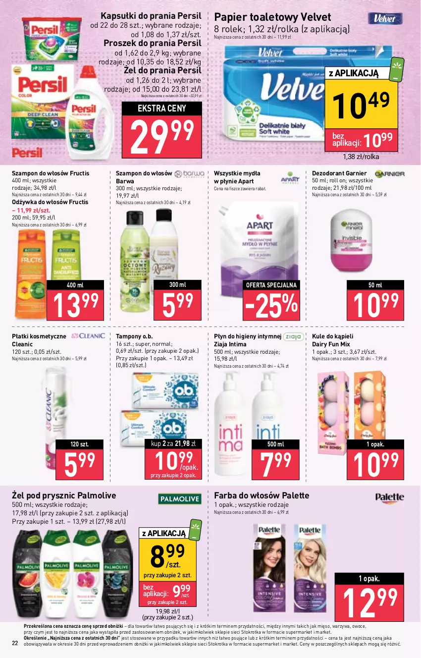 Gazetka promocyjna Stokrotka - Supermarket - ważna 11.05 do 17.05.2023 - strona 22 - produkty: Cleanic, Dezodorant, Fa, Farba do włosów, Fructis, Garnier, Kapsułki do prania, Mięso, O.B., Odżywka, Owoce, Palette, Palmolive, Papier, Papier toaletowy, Persil, Płatki kosmetyczne, Płyn do higieny intymnej, Proszek do prania, Szampon, Tampony, Velvet, Warzywa, Ziaja