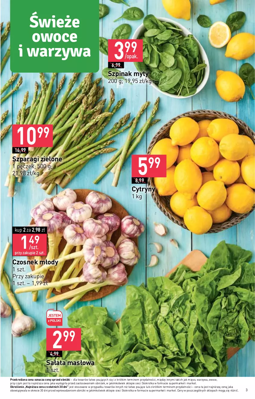 Gazetka promocyjna Stokrotka - Supermarket - ważna 11.05 do 17.05.2023 - strona 3 - produkty: Cytryny, Czosnek, Masło, Mięso, Owoce, Sałat, Sałata masłowa, Szpinak, Warzywa