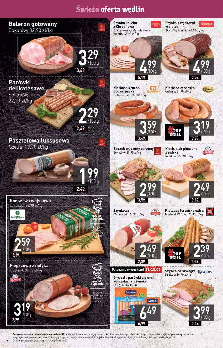 Gazetka promocyjna Stokrotka - Supermarket - ważna 11.05 do 17.05.2023 - strona 4 - produkty: Basia, Boczek, Chrzan, Fa, Gra, Gry, Karp, Kiełbasa, Kiełbasa krucha, Kosz, Krakus, Kurczak, Mięso, NOWAK, Owoce, Parówki, Parówki z piersi kurczaka, Pasztet, Piec, Pieprz, Ser, Sok, Sokołów, Szynka, Tarczyński, Warzywa