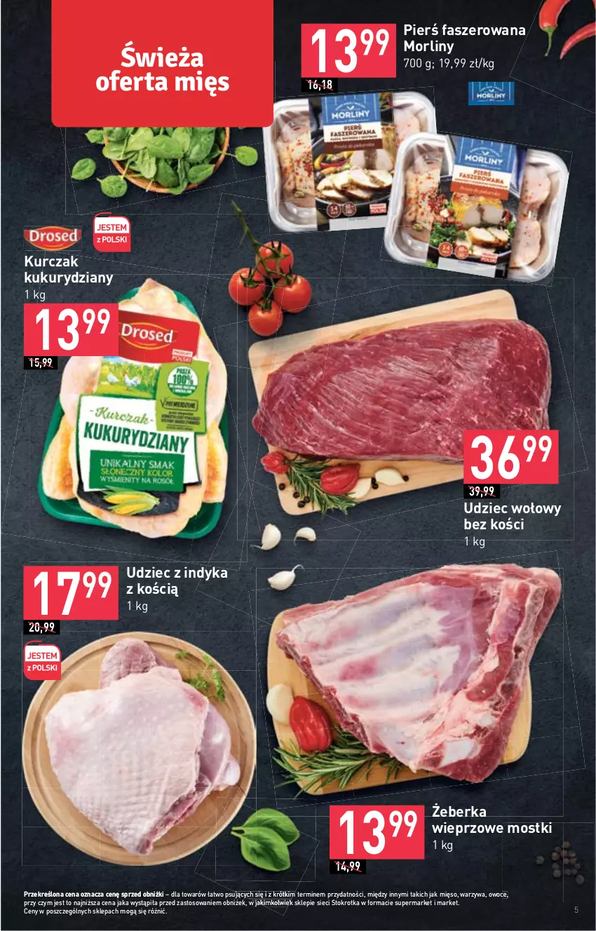 Gazetka promocyjna Stokrotka - Supermarket - ważna 11.05 do 17.05.2023 - strona 5 - produkty: Fa, Kurczak, Mięso, Morliny, Owoce, Udziec wołowy, Udziec z indyka, Warzywa