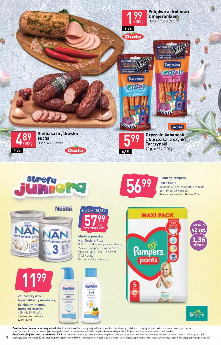 Gazetka promocyjna Stokrotka - Supermarket - ważna 11.05 do 17.05.2023 - strona 8 - produkty: Duda, Gry, Kabanos, Kiełbasa, Kurczak, Mięso, Mleko, Mleko w proszku, NAN Optipro, Owoce, Pampers, Pieluchy, Polędwica, Tarczyński, Warzywa