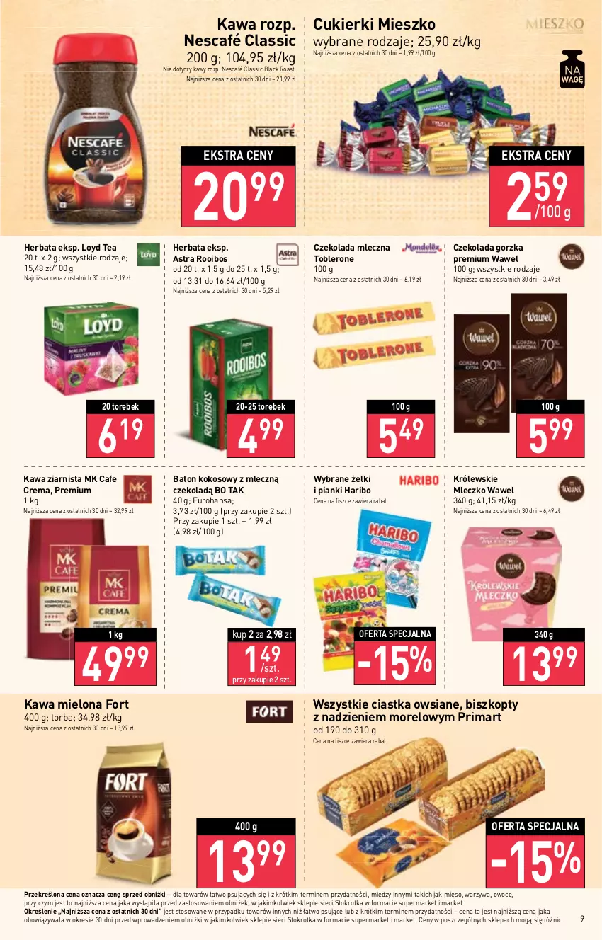 Gazetka promocyjna Stokrotka - Supermarket - ważna 11.05 do 17.05.2023 - strona 9 - produkty: Baton, Biszkopty, Ciastka, Ciastka owsiane, Cukier, Cukierki, Czekolada, Czekolada gorzka, Czekolada mleczna, Haribo, Herbata, Kawa, Kawa mielona, Kawa ziarnista, Kokos, Królewski, Królewskie Mleczko, Lack, Loyd, Mięso, Mleczko, Nescafé, Owoce, Prima, Toblerone, Torba, Warzywa, Wawel