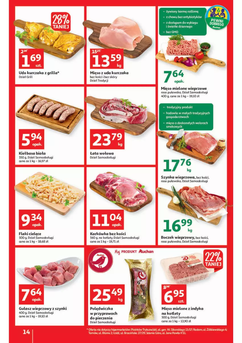 Gazetka promocyjna Auchan - przeNISKIE CENY lecą w dół Hipermarkety - ważna 24.02 do 02.03.2022 - strona 14 - produkty: Boczek, Boczek wieprzowy, Flaki, Grill, Kiełbasa, Kiełbasa biała, Kotlet, Kurczak, Mięso, Mięso mielone, Mięso z uda kurczaka, Piec, Szynka, Szynka wieprzowa