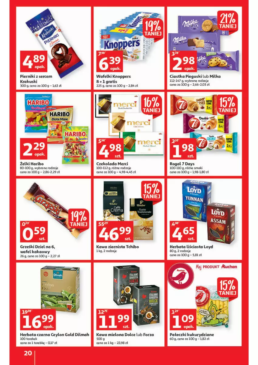 Gazetka promocyjna Auchan - przeNISKIE CENY lecą w dół Hipermarkety - ważna 24.02 do 02.03.2022 - strona 20 - produkty: 7 Days, Ciastka, Czekolada, Dilmah, Gra, Grześki, Haribo, Herbata, Herbata czarna, Kakao, Kawa, Kawa mielona, Kawa ziarnista, Knoppers, Krakus, Krakuski, LG, Loyd, Merci, Milka, Mola, Piernik, Rogal, Ser, Tchibo