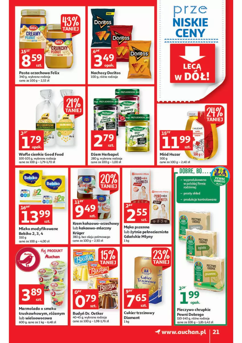 Gazetka promocyjna Auchan - przeNISKIE CENY lecą w dół Hipermarkety - ważna 24.02 do 02.03.2022 - strona 21 - produkty: Bebiko, Budyń, Chrupki, Cukier, Cukier trzcinowy, Diamant, Dr. Oetker, Dżem, Felix, Herbapol, Kakao, Mąka, Mąka pszenna, Marmolada, Miód, Mleko, Mleko modyfikowane, Mola, Olej, Piec, Pieczywo, Pieczywo chrupkie, Róża, Wafle