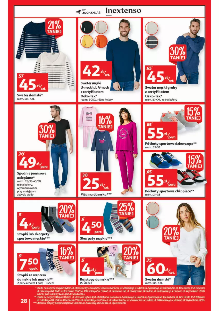 Gazetka promocyjna Auchan - przeNISKIE CENY lecą w dół Hipermarkety - ważna 24.02 do 02.03.2022 - strona 28 - produkty: Buty, Karp, Piżama, Półbuty, Por, Rajstopy, Spodnie, Spodnie jeans, Sport, Sweter, Top