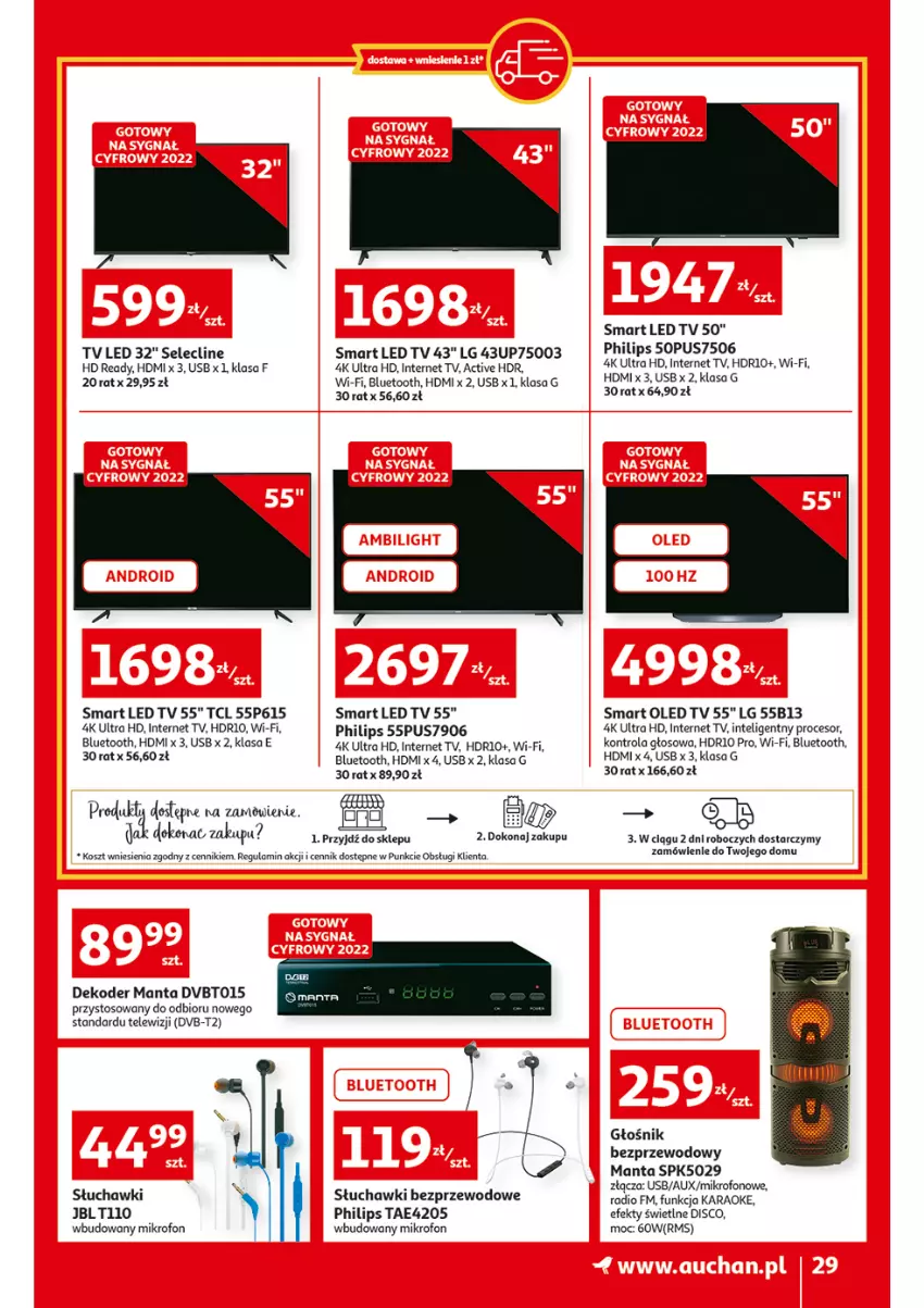 Gazetka promocyjna Auchan - przeNISKIE CENY lecą w dół Hipermarkety - ważna 24.02 do 02.03.2022 - strona 29 - produkty: Clin, Głośnik, HD ready, Intel, JBL, Kosz, LED TV, LG, Manta, Mikrofon, Philips, Procesor, Słuchawki, Słuchawki bezprzewodowe