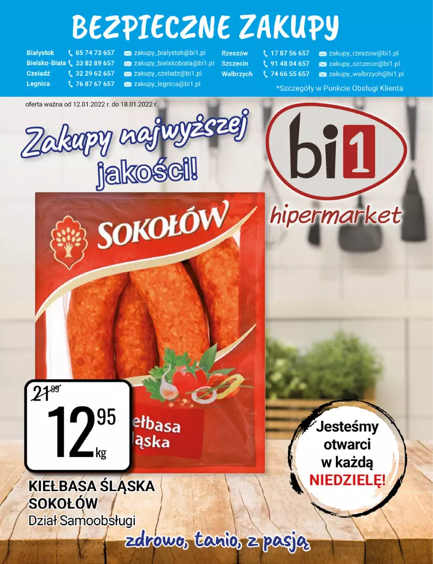 Gazetka promocyjna Bi1 - Jakość zakupów - ważna 12.01 do 18.01.2022 - strona 1 - produkty: Kiełbasa, Kiełbasa śląska, Piec, Sok, Sokołów