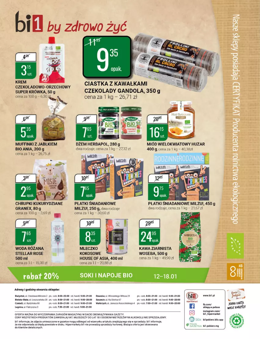 Gazetka promocyjna Bi1 - Jakość zakupów - ważna 12.01 do 18.01.2022 - strona 16 - produkty: Chrupki, Ciastka, Danio, Dres, Dżem, Fa, Gra, Herbapol, House of Asia, Kawa, Kawa ziarnista, Kokos, Milzu, Miód, Mleczko, Muffinki, Napoje, Róża, Sok, Woda, Woseba