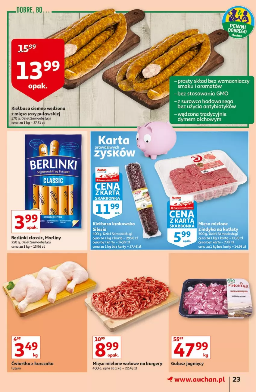 Gazetka promocyjna Auchan - Hiper porządki Hipermarkety - ważna 18.02 do 25.02.2021 - strona 23 - produkty: Berlinki, Burger, Fa, Kiełbasa, Kotlet, Kurczak, Mięso, Mięso mielone, Morliny, Parówki, Pupa