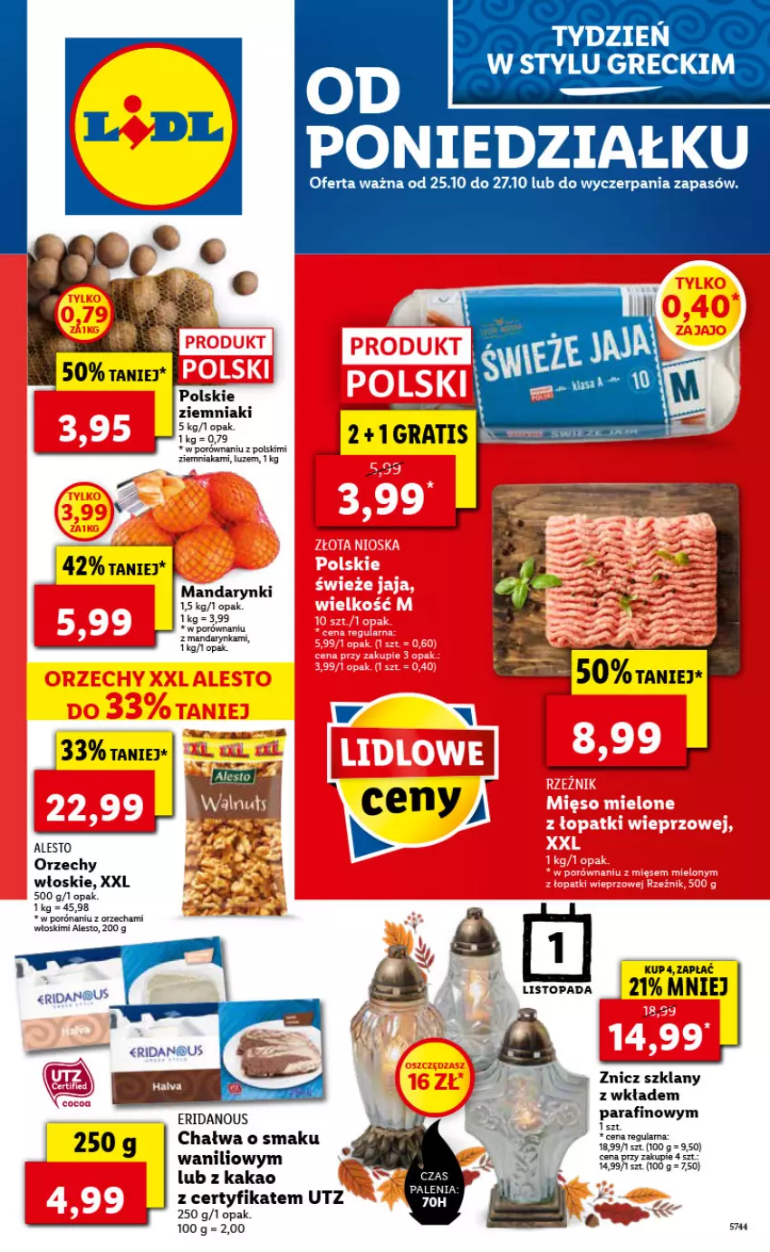 Gazetka promocyjna Lidl - GAZETKA - ważna 25.10 do 27.10.2021 - strona 1 - produkty: Chałwa, Gra, Kakao, Mandarynki, Orzechy włoskie, Por, Top, Ziemniaki, Znicz