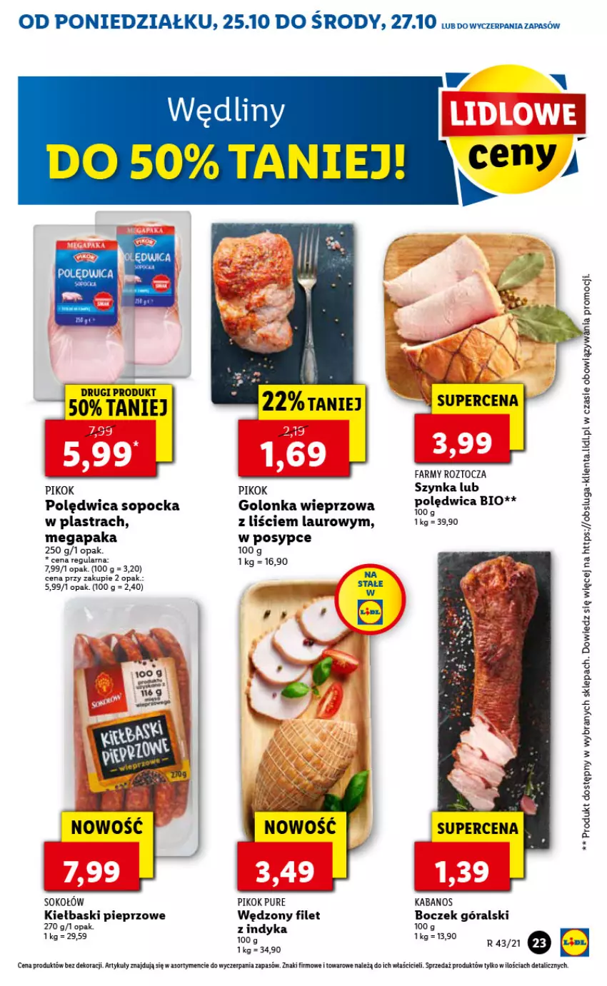 Gazetka promocyjna Lidl - GAZETKA - ważna 25.10 do 27.10.2021 - strona 23 - produkty: Boczek, Fa, Golonka wieprzowa, Kiełbaski pieprzowe, Laur, Pieprz, PIKOK, Polędwica, Pur, Sok, Sokołów, Szynka