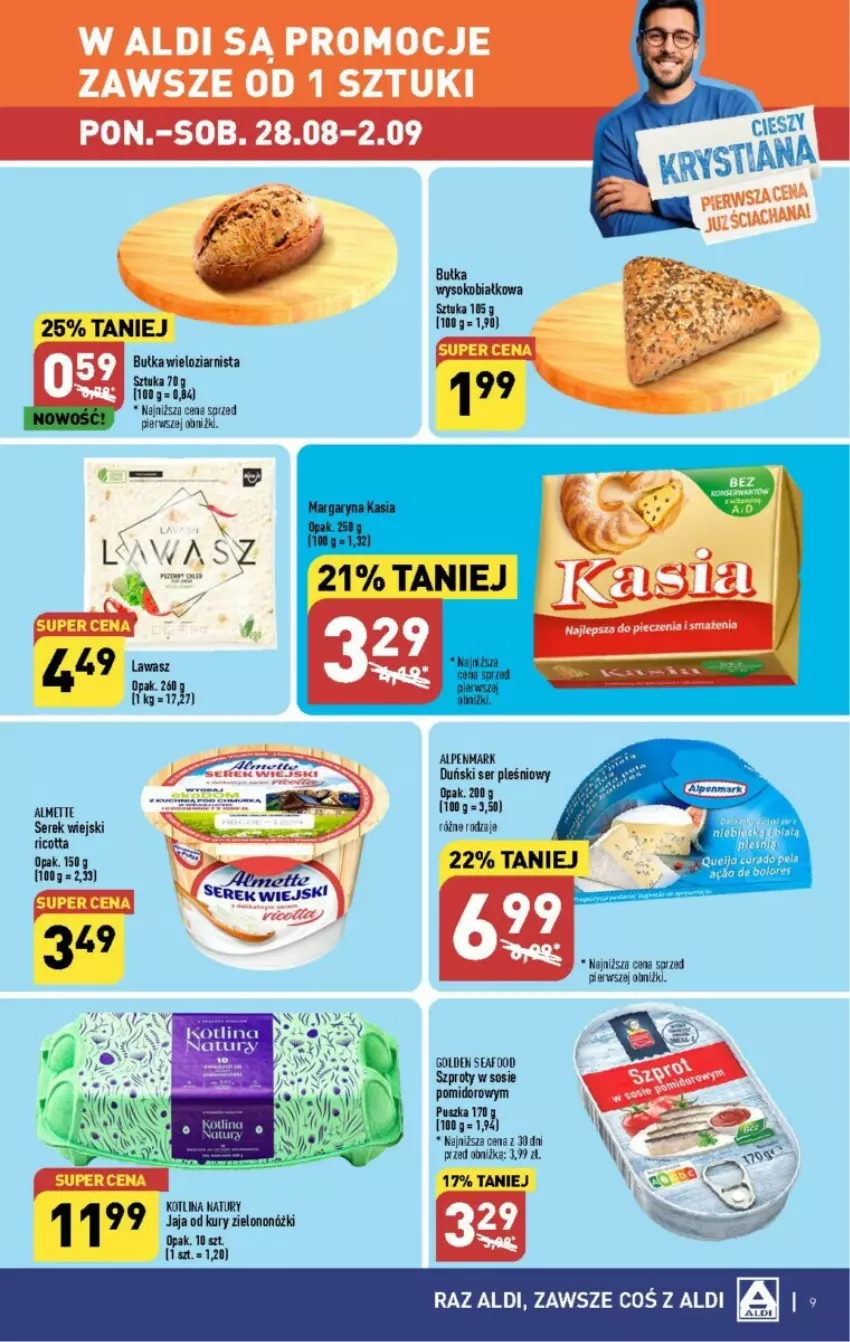 Gazetka promocyjna Aldi - ważna 28.08 do 02.09.2023 - strona 38 - produkty: Almette, Bułka, Bułka wieloziarnista, Golden Seafood, Jaja, Kotlin, Mop, Ricotta, Ser, Ser pleśniowy, Serek, Serek wiejski, Sok, Sos, Szprot