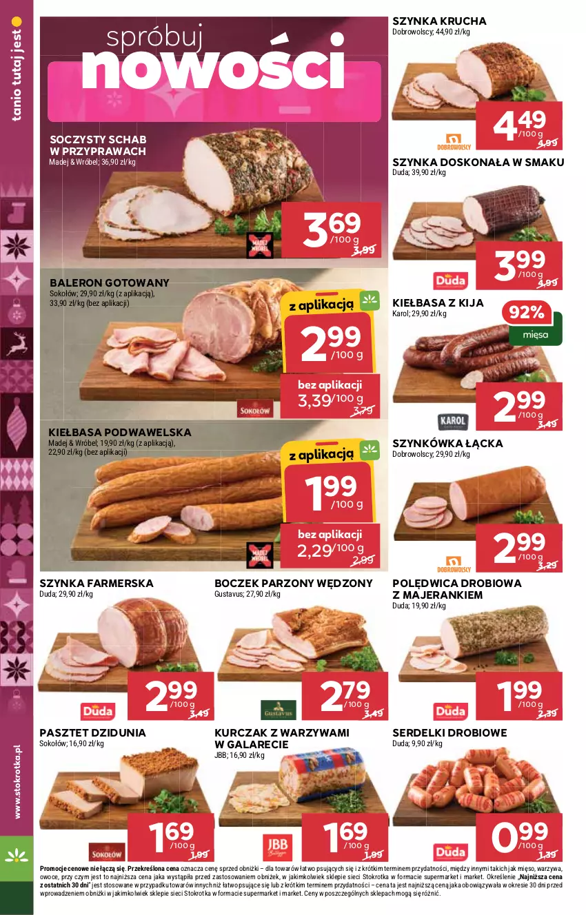 Gazetka promocyjna Stokrotka - Supermarket - ważna 20.11 do 26.11.2025 - strona 10 - produkty: Boczek, Duda, Fa, Gala, Kiełbasa, Kiełbasa podwawelska, Kurczak, Mięso, Owoce, Pasztet, Polędwica, Ser, Serdelki, Sok, Sokołów, Szynka, Szynka farmerska, Warzywa, Wawel