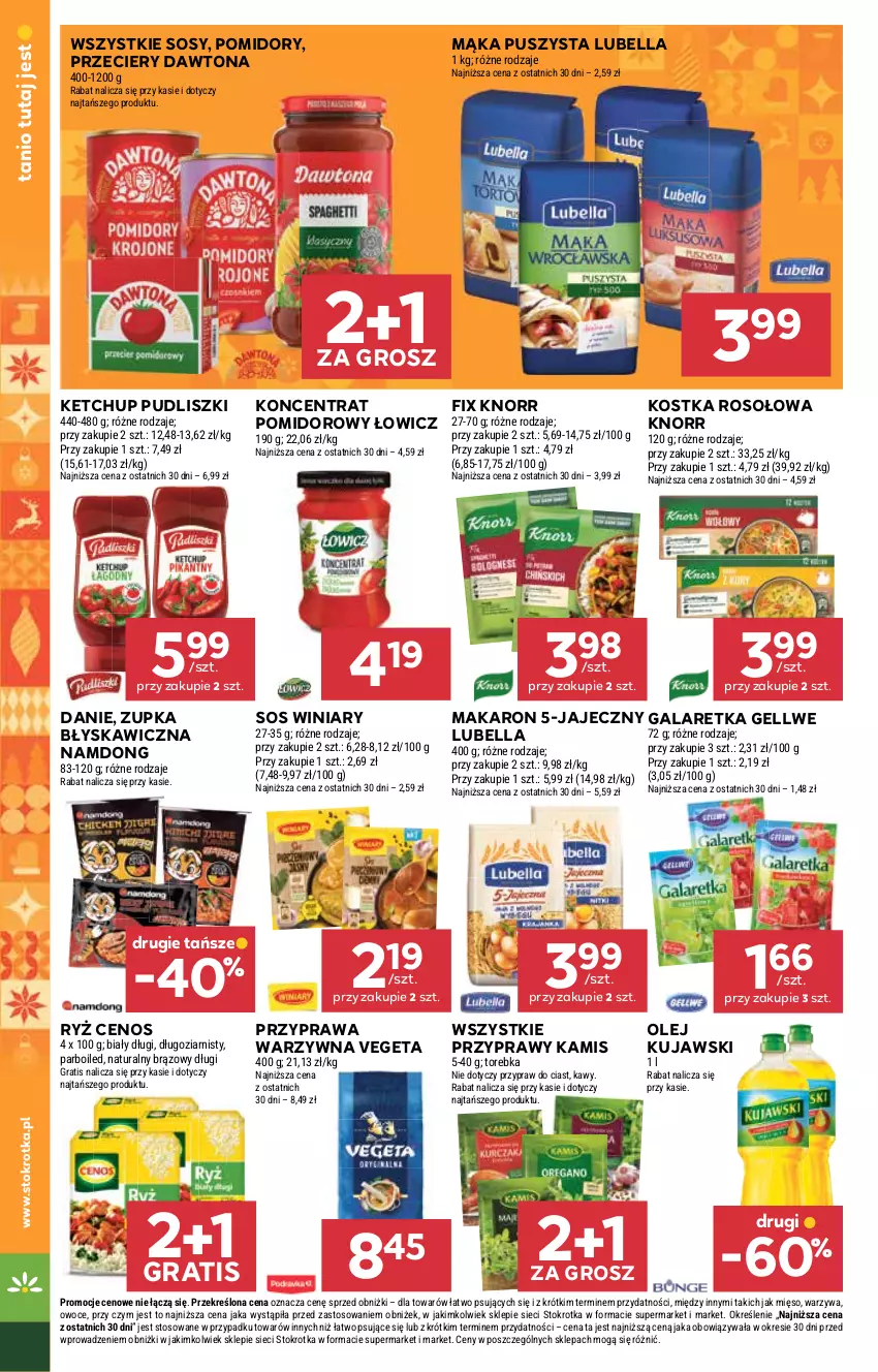 Gazetka promocyjna Stokrotka - Supermarket - ważna 20.11 do 26.11.2025 - strona 18 - produkty: Bell, Bella, Cenos, Dawtona, Gala, Galaretka, Gra, Kamis, Ketchup, Knorr, Kujawski, Lubella, Mąka, Makaron, Mięso, Olej, Owoce, Pomidory, Przyprawy, Pudliszki, Ryż, Sos, Torebka, Vegeta, Warzywa, Winiary