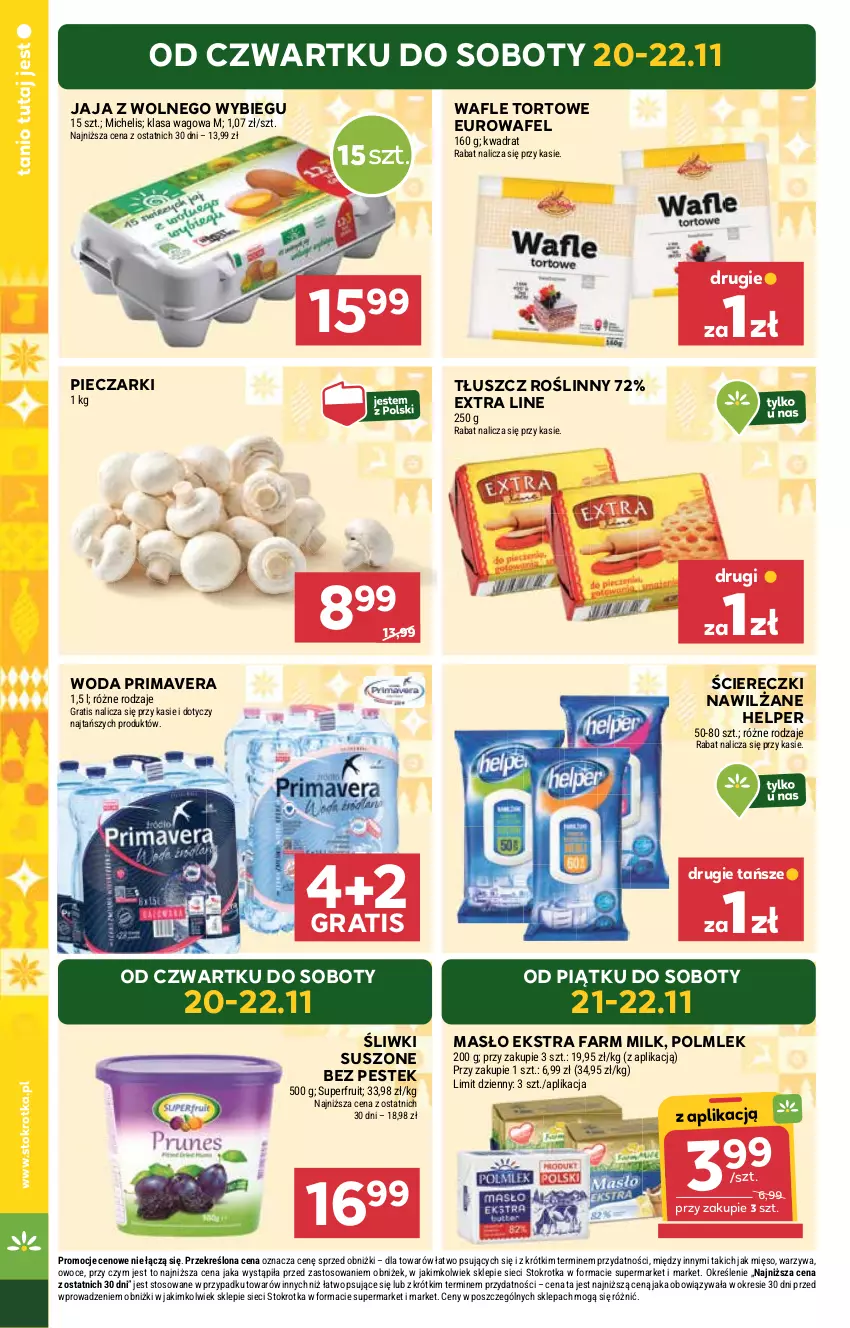 Gazetka promocyjna Stokrotka - Supermarket - ważna 20.11 do 26.11.2025 - strona 2 - produkty: Fa, Farm Milk, Gra, Jaja, Jaja z wolnego wybiegu, Masło, Mięso, Owoce, Piec, POLMLEK, Prima, Primavera, Stek, Tłuszcz roślinny, Wafle, Wafle tortowe, Warzywa, Woda