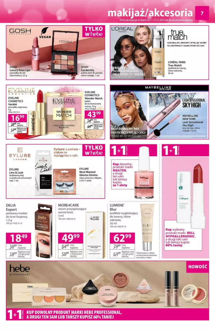 Gazetka promocyjna Hebe - ważna 30.11 do 13.12.2023 - strona 14 - produkty: Bell, Eveline, Gosh, Klej, LANA, Marker, Maybelline, Paleta, Podkład, Rum, Sati, Ser, Serum