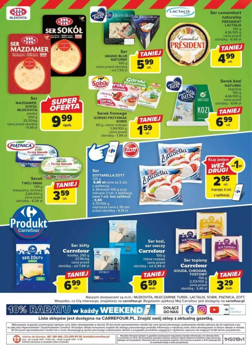 Gazetka promocyjna Carrefour - ważna 02.01 do 05.01.2024 - strona 10 - produkty: Camembert, Cheddar, Fa, Gouda, Gra, Kask, Kosz, Mazdamer, Mleko, Mlekovita, NaTurek, Piątnica, Por, Ser, Ser kozi, Ser owczy, Serek, Sok, Sokół, Twój Smak, Zott, Zottarella