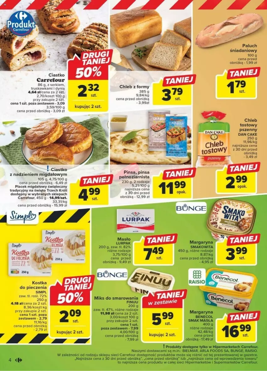 Gazetka promocyjna Carrefour - ważna 02.01 do 05.01.2024 - strona 6 - produkty: Benecol, Chleb, Chleb tostowy, Dan Cake, Danio, Dynią, Finuu, Kostka do pieczenia, Kosz, Lurpak, Margaryna, Masło, Piec, Ser, Smakowita