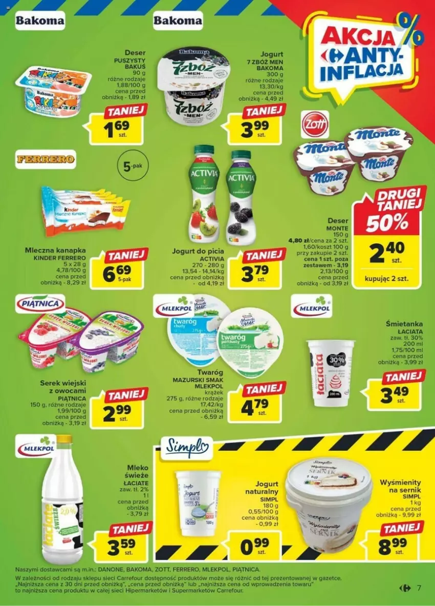 Gazetka promocyjna Carrefour - ważna 02.01 do 05.01.2024 - strona 9 - produkty: Activia, Bakoma, Danone, Deser, Ferrero, Jogurt, Kinder, Kosz, Mleczna kanapka, Monte, Piątnica, Ser, Serek, Serek wiejski, Twaróg, Zott