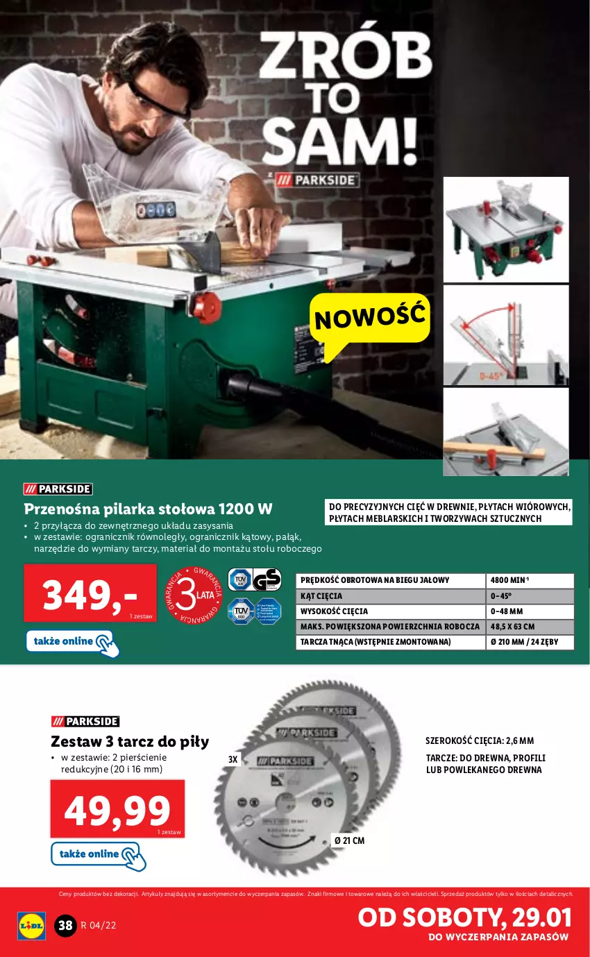 Gazetka promocyjna Lidl - GAZETKA - ważna 24.01 do 30.01.2022 - strona 38 - produkty: Gra, Pilarka stołowa, Płyta, Sok, Tarcza tnąca