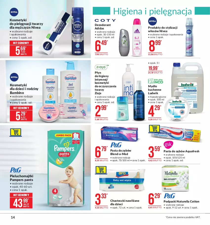 Gazetka promocyjna Makro - [Oferta promocyjna] Artykuły spożywcze - ważna 09.02 do 22.02.2021 - strona 14 - produkty: Adidas, Aquafresh, Blend-a-Med, Chusteczki, Dezodorant, Dzieci, Kosmetyki dla dzieci, Kosmetyki do pielęgnacji, Ludwik, Majtki, Mydło, Naturell, Naturella, Nivea, Pampers, Pasta do zębów, Pieluchomajtki, Płyn do higieny intymnej, Podpaski, Ziaja