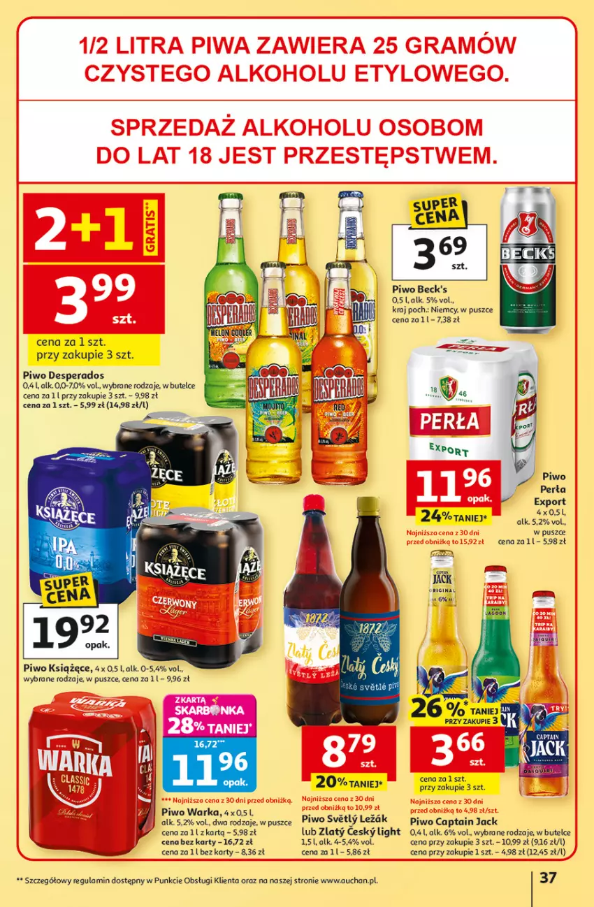 Gazetka promocyjna Auchan - Gazetka 30 Lat Hipermarket Auchan - ważna 19.03 do 25.03.2026 - strona 37 - produkty: Captain Jack, Desperados, Gin, Książęce, Perła, Piwo, Por, Warka