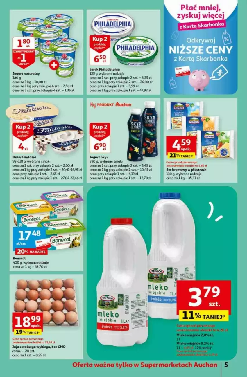 Gazetka promocyjna Auchan - ważna 09.11 do 15.11.2023 - strona 5 - produkty: Benecol, Deser, Fa, Fanta, Jaja, Jaja z wolnego wybiegu, Jogurt, Jogurt naturalny, Mleko, Philadelphia, Ser, Serek