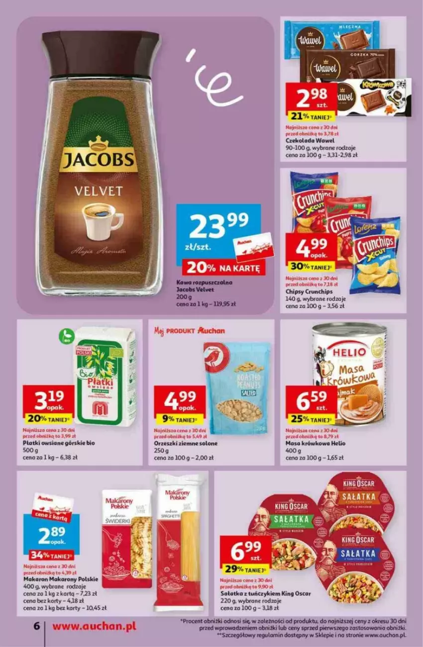 Gazetka promocyjna Auchan - ważna 09.11 do 15.11.2023 - strona 6 - produkty: Chipsy, Crunchips, Czekolada, Helio, Makaron, Masa krówkowa, Orzeszki, Orzeszki ziemne, Płatki owsiane, Sałat, Sałatka, Tuńczyk, Velvet, Wawel