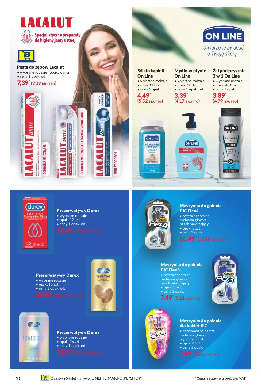 Gazetka promocyjna Makro - [Oferta specjalna] Lato dla urody - ważna 29.06 do 12.07.2021 - strona 10 - produkty: BIC, Durex, Lacalut, Maszynka, Maszynka do golenia, Mydło, Mydło w płynie, Pasek, Pasta do zębów, Prezerwatyw, Sól, Sól do kąpieli, Szynka