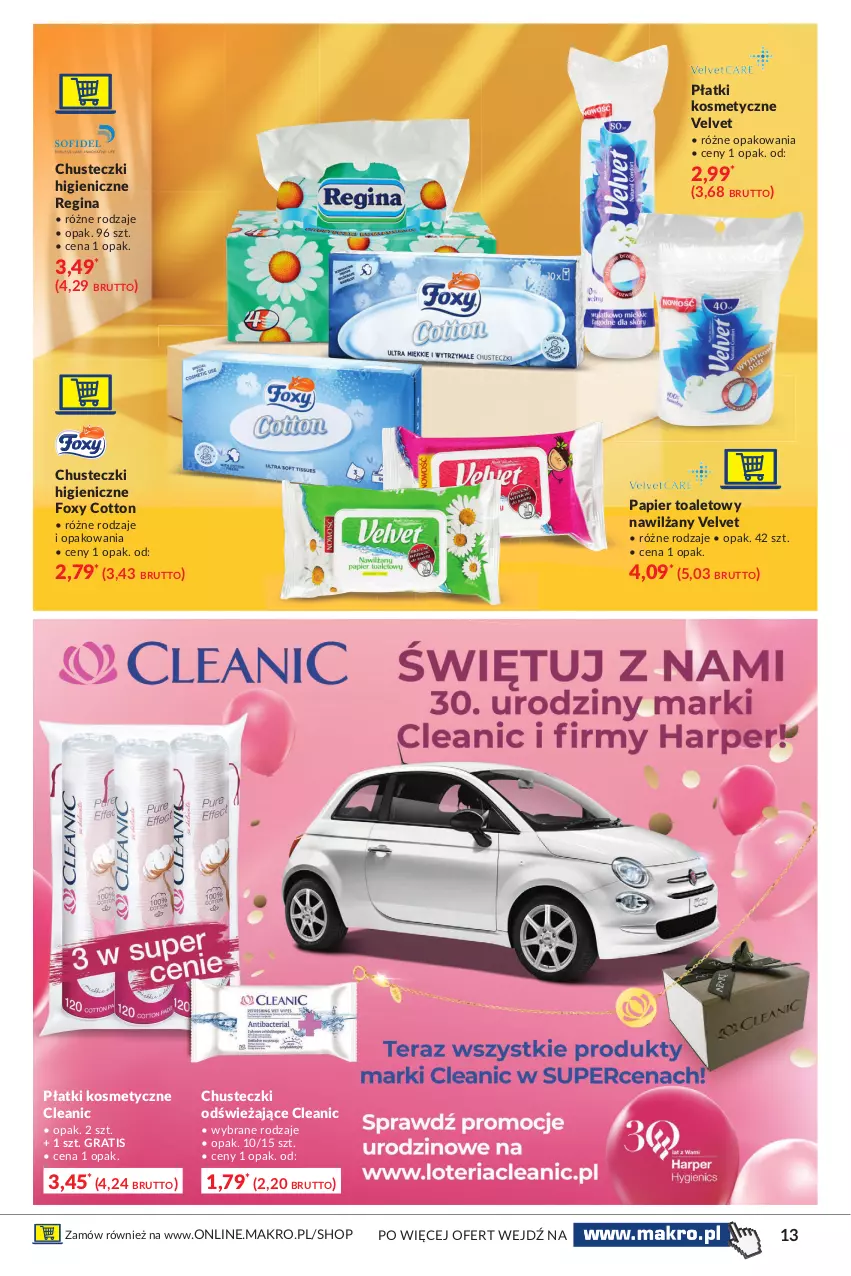 Gazetka promocyjna Makro - [Oferta specjalna] Lato dla urody - ważna 29.06 do 12.07.2021 - strona 13 - produkty: Chusteczki, Cleanic, Foxy, Gin, Gra, Papier, Papier toaletowy, Płatki kosmetyczne, Velvet