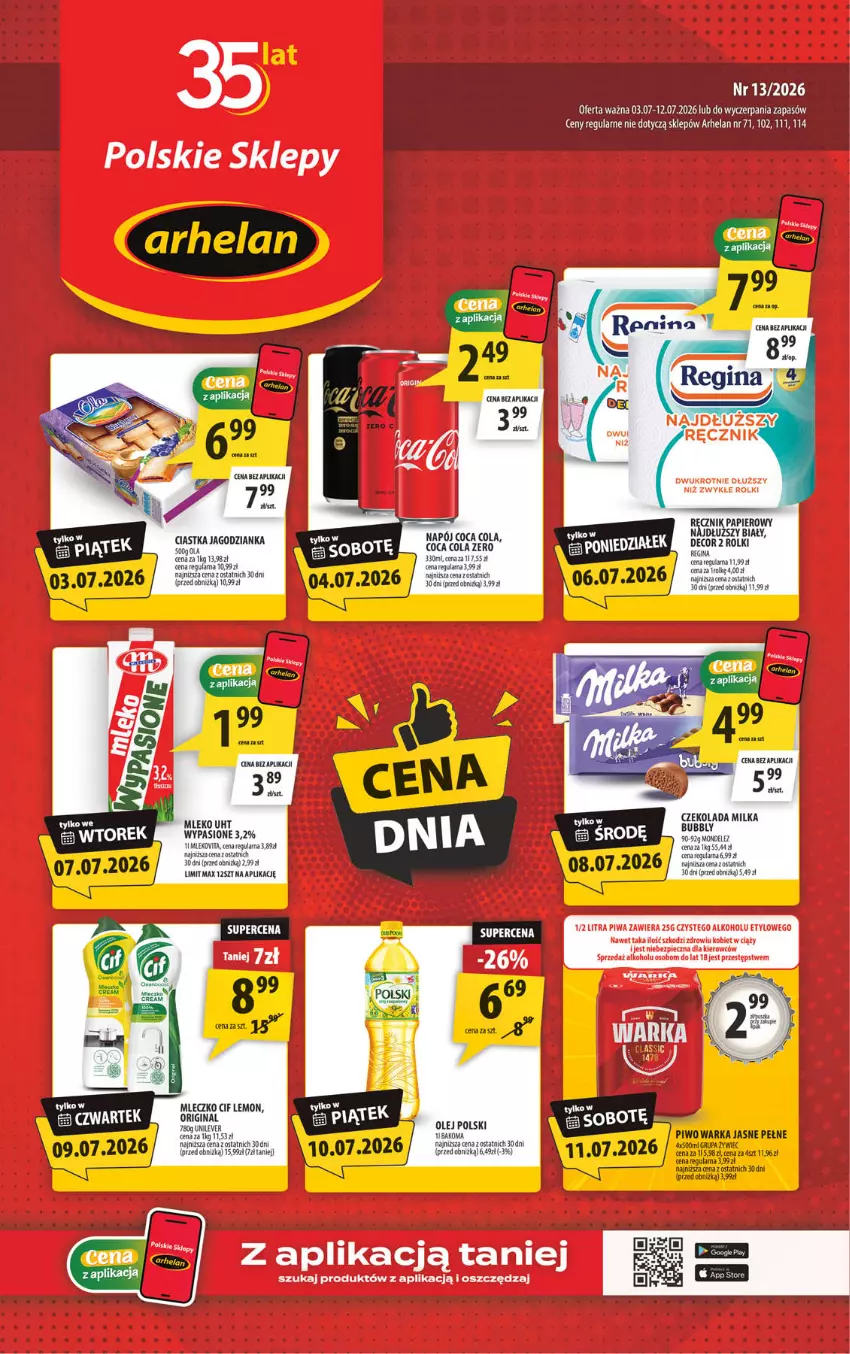 Gazetka promocyjna Arhelan - Gazetka - ważna 03.07 do 12.07.2026 - strona 1 - produkty: Ciastka, Cif, Czekolada, Gin, Jagodzianka, Milka, Mleczko, Mleko, Napój, Olej, Papier, Piwo, Ręcznik, Rolki, Warka